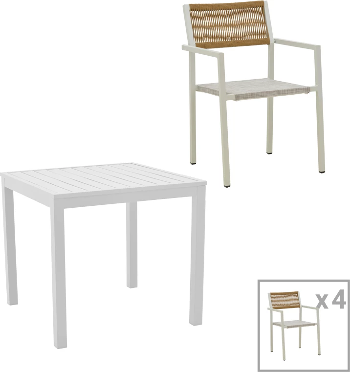 Set mize s stoli Savor-Kliton, aluminij bel in naravni ratan, 80x80x74 cm, 5 kosov