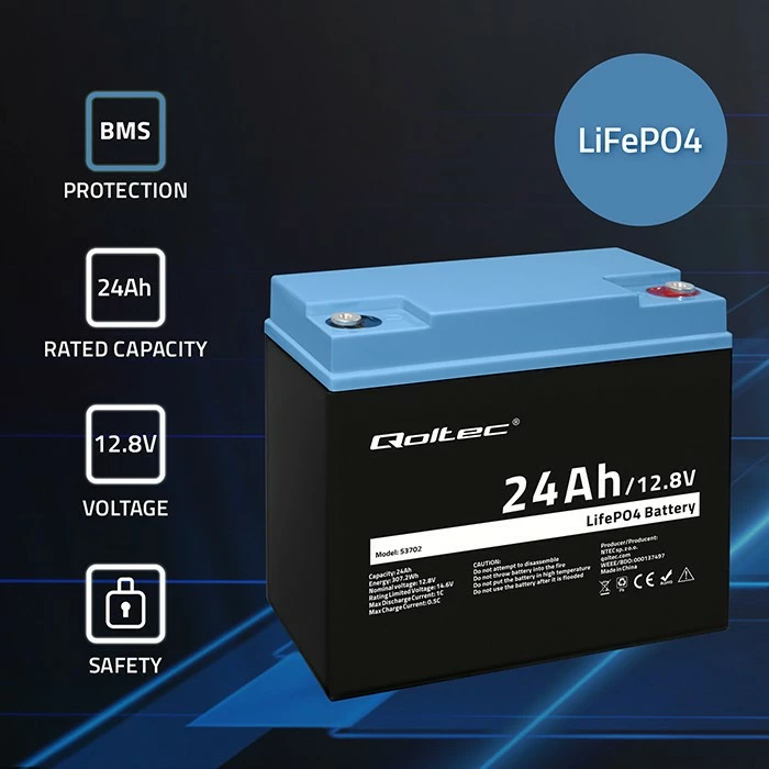 LiFePO4 baterija, 24Ah, 12,8V, Qoltec 53702, z BMS