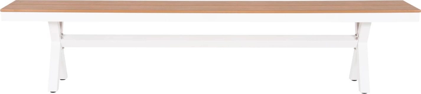 Aluminijasta klop TAWNEE FH6040.02 bela s sedežem iz polilesa v naravni barvi lesa 220x36x44,5Hcm