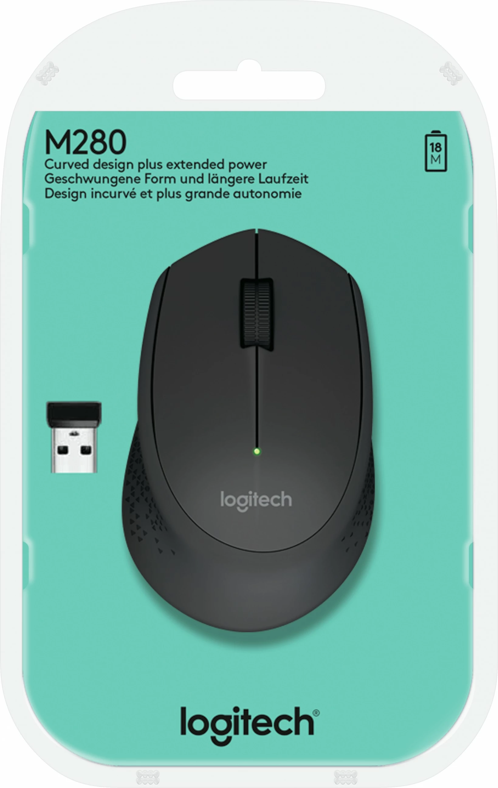 Optični brezžični miš za desničarje, Logitech M280, 1000 DPI, črn