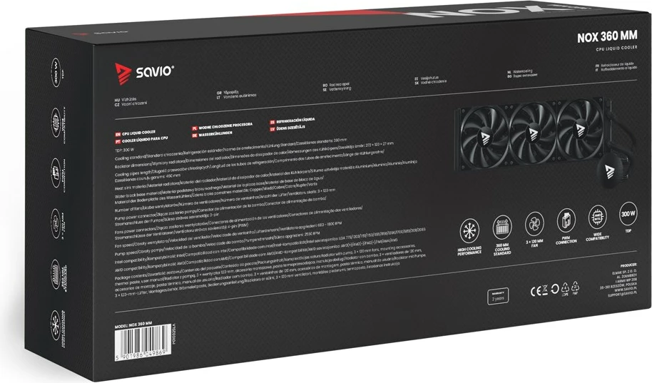 Vodeno hlajenje 360 mm Savio NOX, 3 ventilatorji 12 cm, za Intel Core i7, aluminij, črno