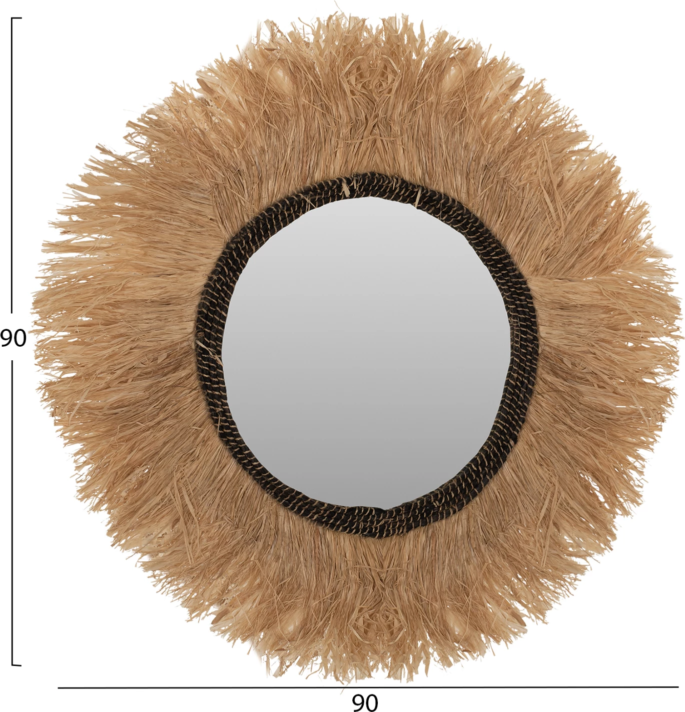 Okroglo ogledalo s sisalovim in abakovim okvirjem v naravni-črni barvi Φ90cm