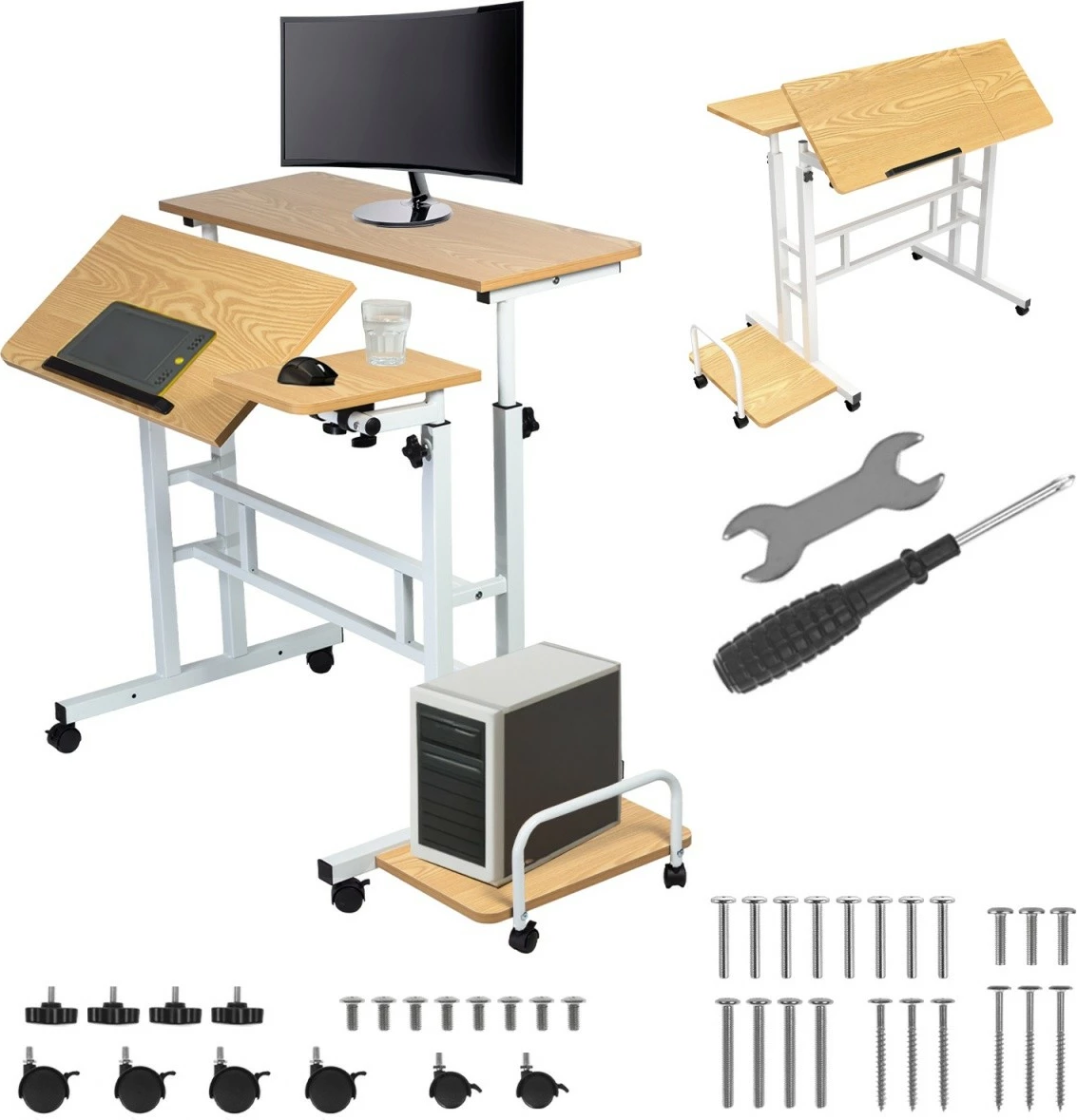 Mobilna miza z nastavljivo višino Maclean MC-124 W, 67–115 cm, 80x60 cm, 50 kg, bela/les
