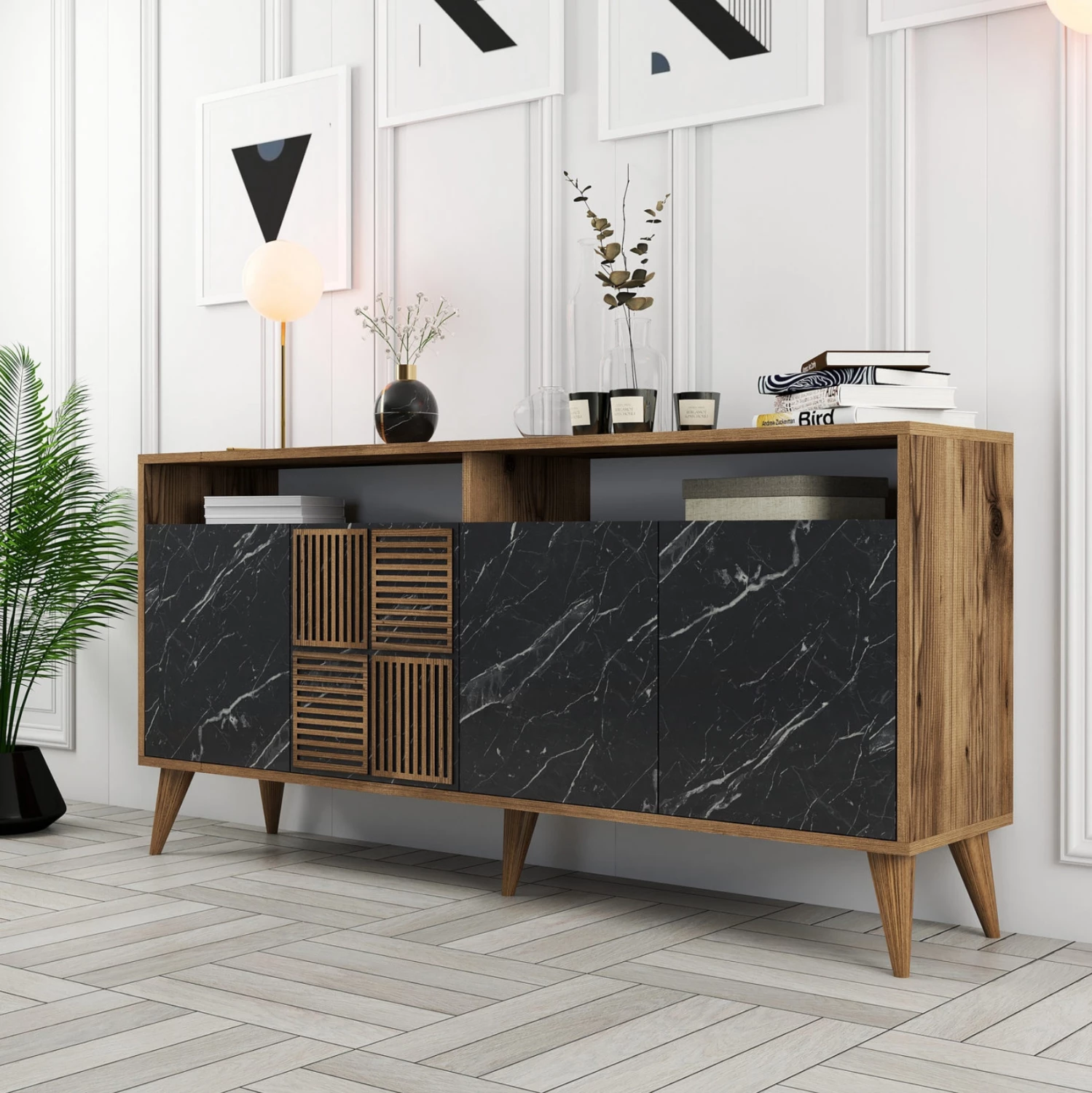 Bife iz melamina FH9506.02 oreh z vrati v videzu črnega marmorja 160x35x78Hcm