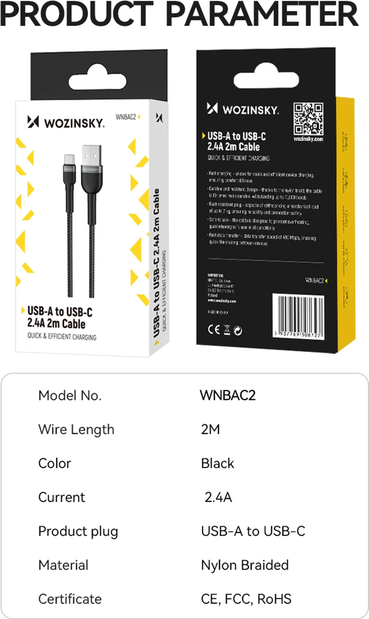 USB kabel Wozinsky WNBAC1, USB-A v USB-C, 1 m, 2,4 A, najlon, črn