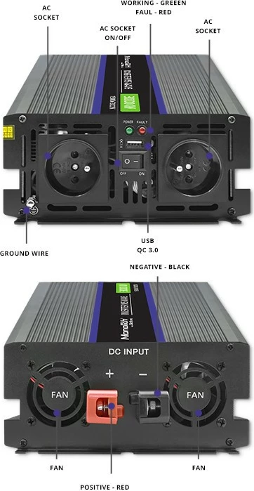 Pretvornik napetosti Monolith 3000 MS Wave Qoltec, 12V v 230V, 1500/3000W, USB, črn