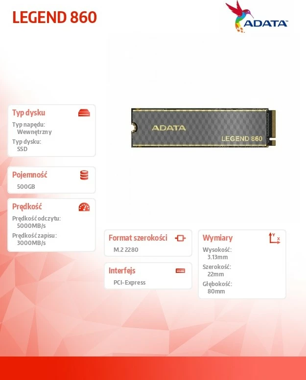 SSD, 500 GB, M.2 2280, PCIe 4.0 Adata LEGEND 860
