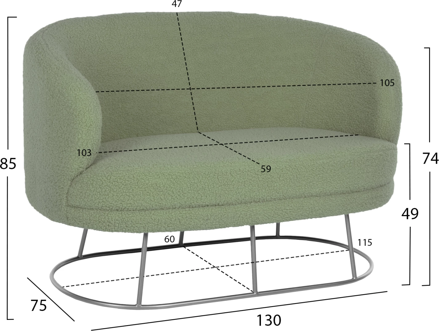 Dvosedna zofa ARIEN FH8492.27 v pistacijevo zeleni bouclé tkanini in srebrni kovinski osnovi 130x75x85H cm