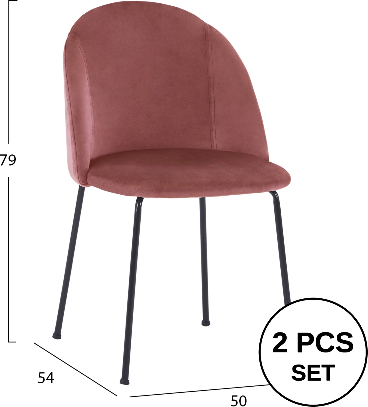 Stol iz žameta v barvi prašno roza in kovinske noge črne mat FH8545.02, set 2 kosov