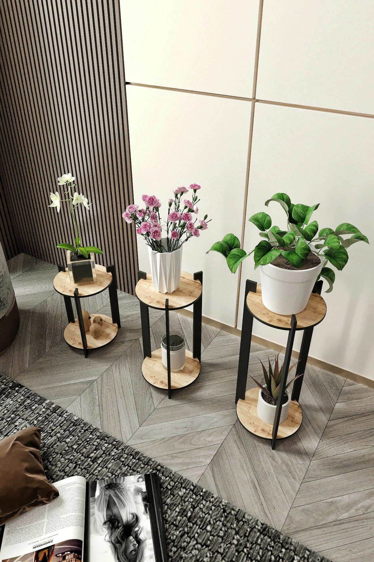 Leseni okrogel komplet stojal za rože, barva hrasta, Hanah Home