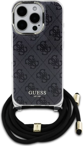 Elegantna zaščitna prevleka z crossbody trakom Guess Crossbody Cord 4G Print za iPhone 16 Pro Max, črna