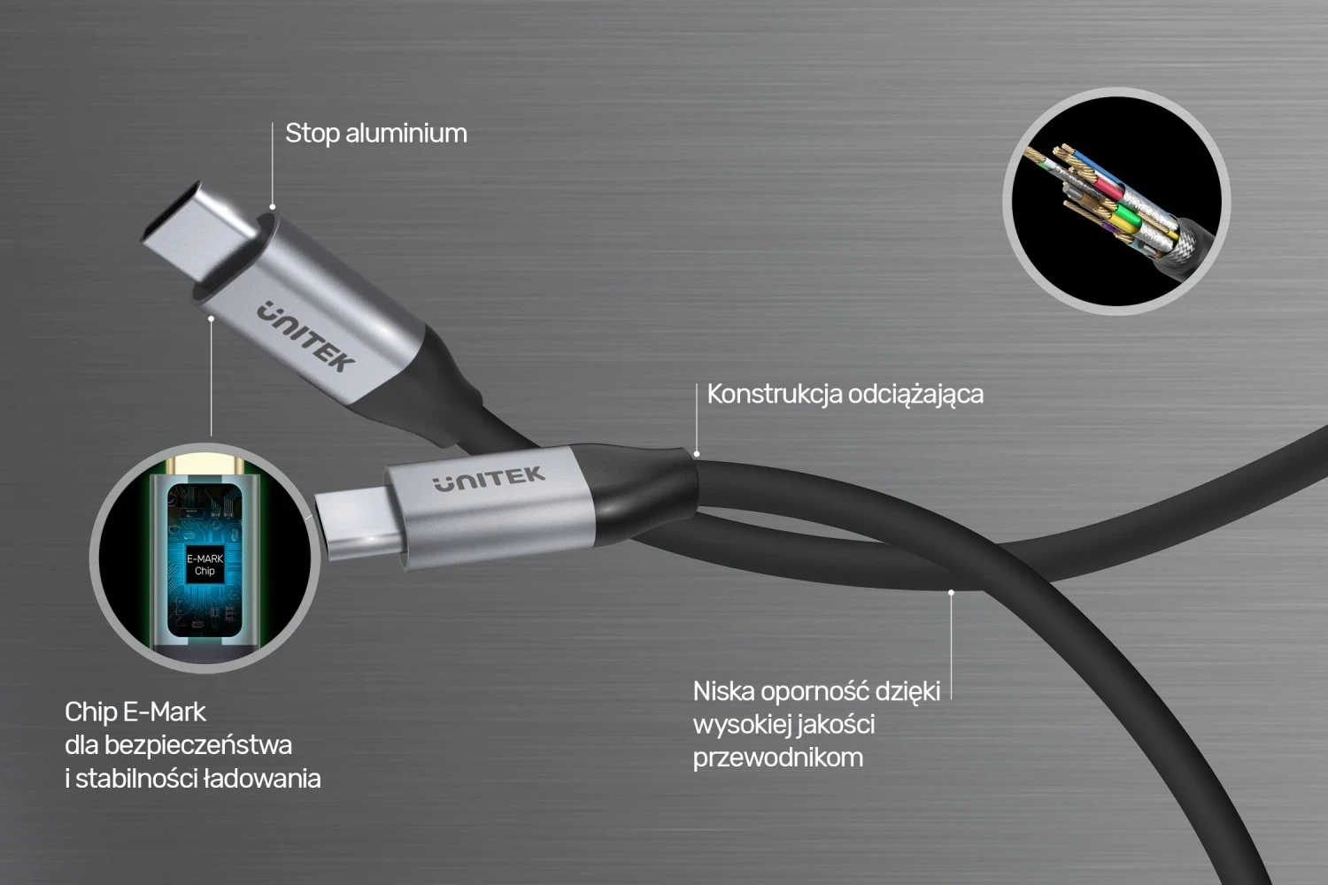 USB-C kabel za USB-C Unitek, 10Gbps, 4K 60Hz, 20V/5A, črn