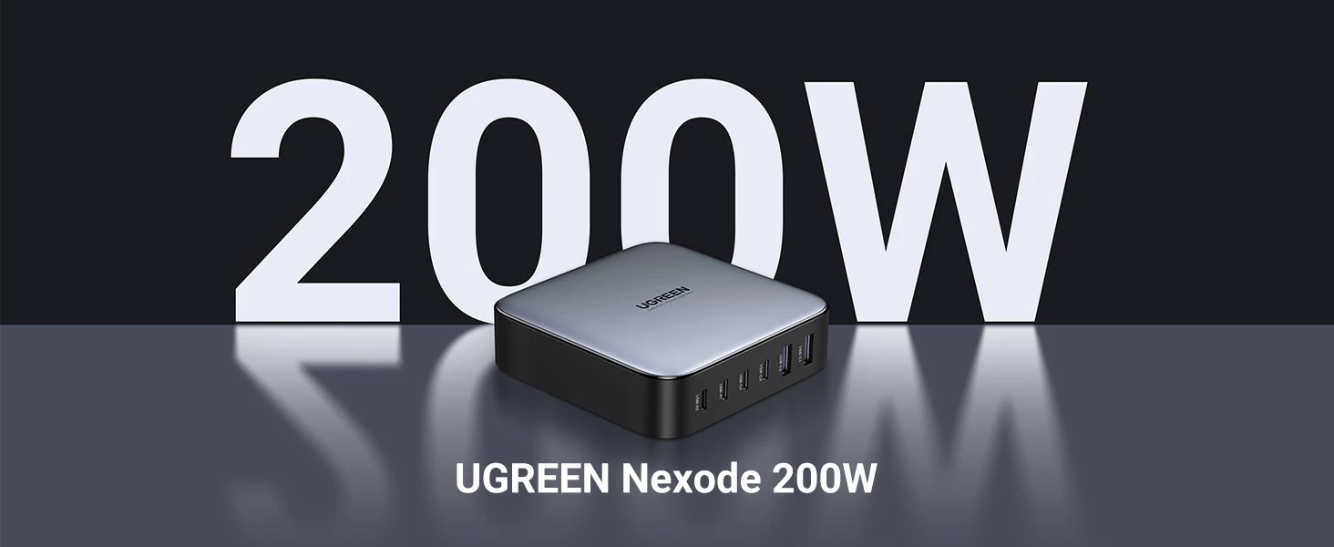 Namizni polnilec Ugreen Nexode 40914, 200 W, GaN, USB-C/USB-A, črno/siv