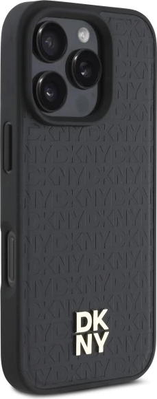 Ovitek za iPhone 16 Pro z MagSafe in reliefnim logotipom, DKNY Repeat Pattern Stack, črn