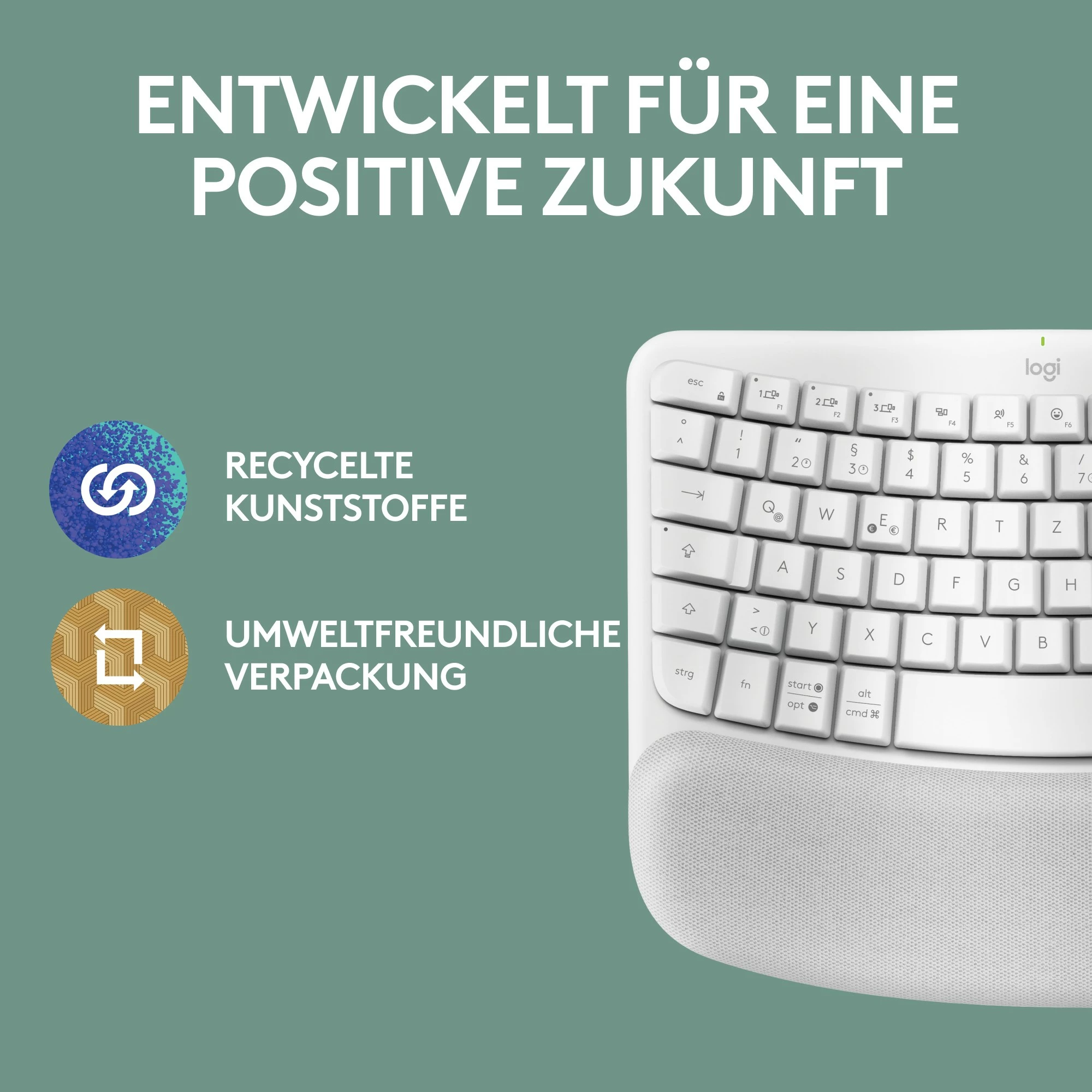 Ergonomska brezžična polno velika tipkovnica za Mac Logitech Wave Keys, Bluetooth, membranska, QWERTZ, bela
