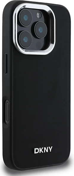 Ovitek za telefon MagSafe s srebrnim logotipom DKNY za iPhone 16 Pro, črn