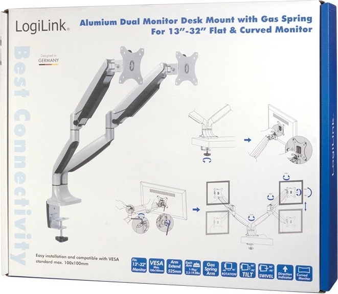 Držalo za 2 monitorja LogiLink BP0043, 13–32 palcev, 2x9 kg, VESA, črno/srebrno