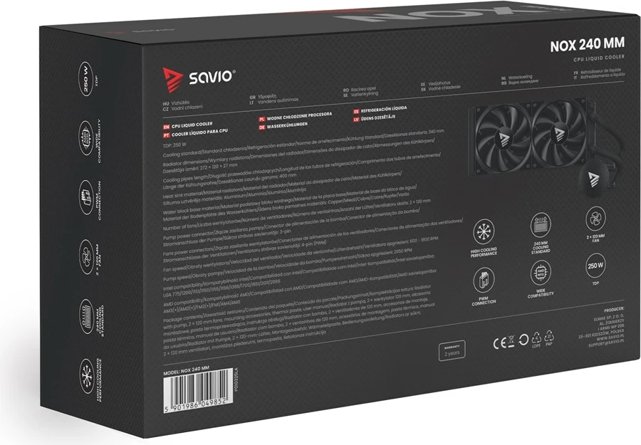 Komplet vodnega hlajenja 240 mm, 2 ventilatorja 12 cm, črn, Savio NOX