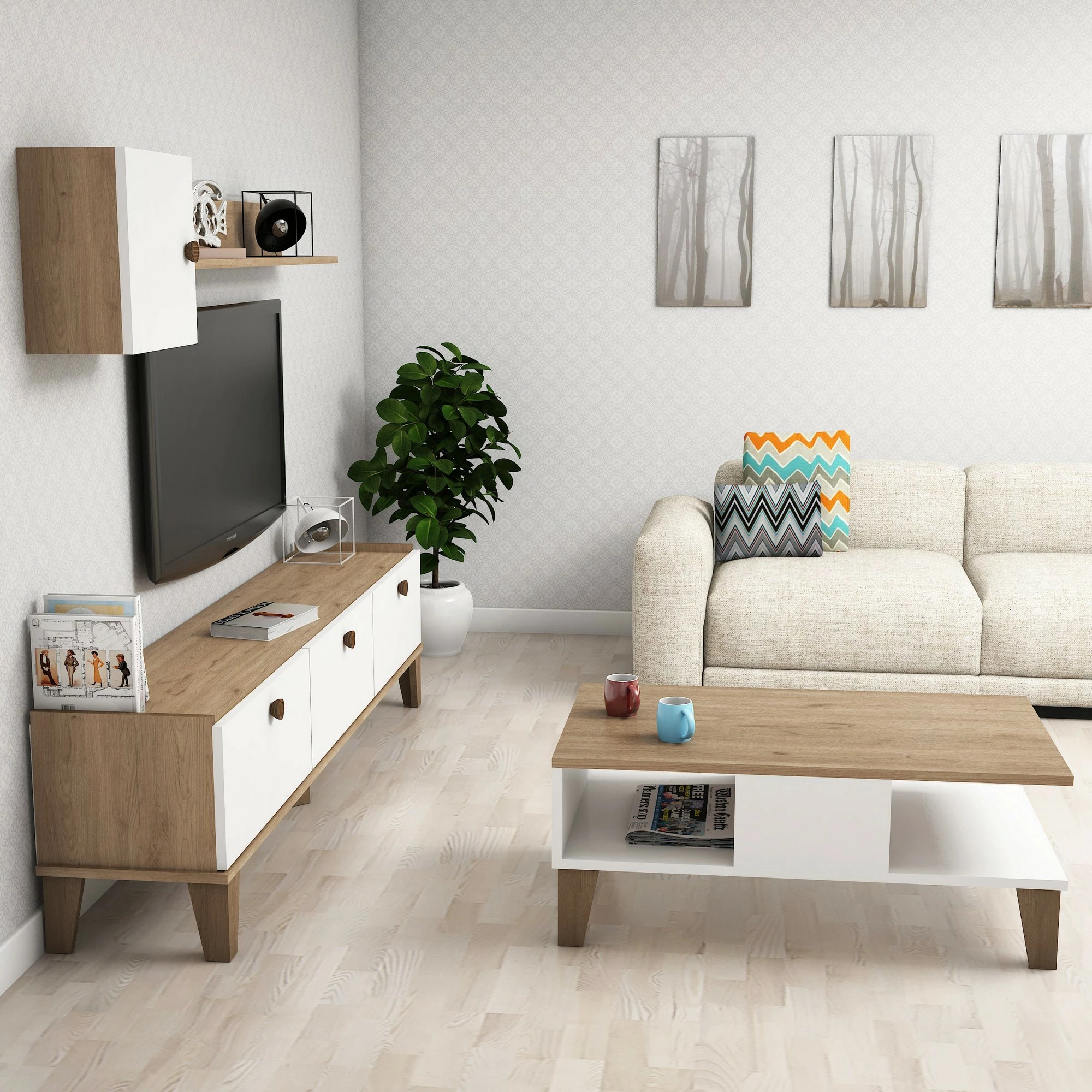 Set pohišja za dnevno sobo, barva hrasta in bela, Sumer 1, Hanah Home