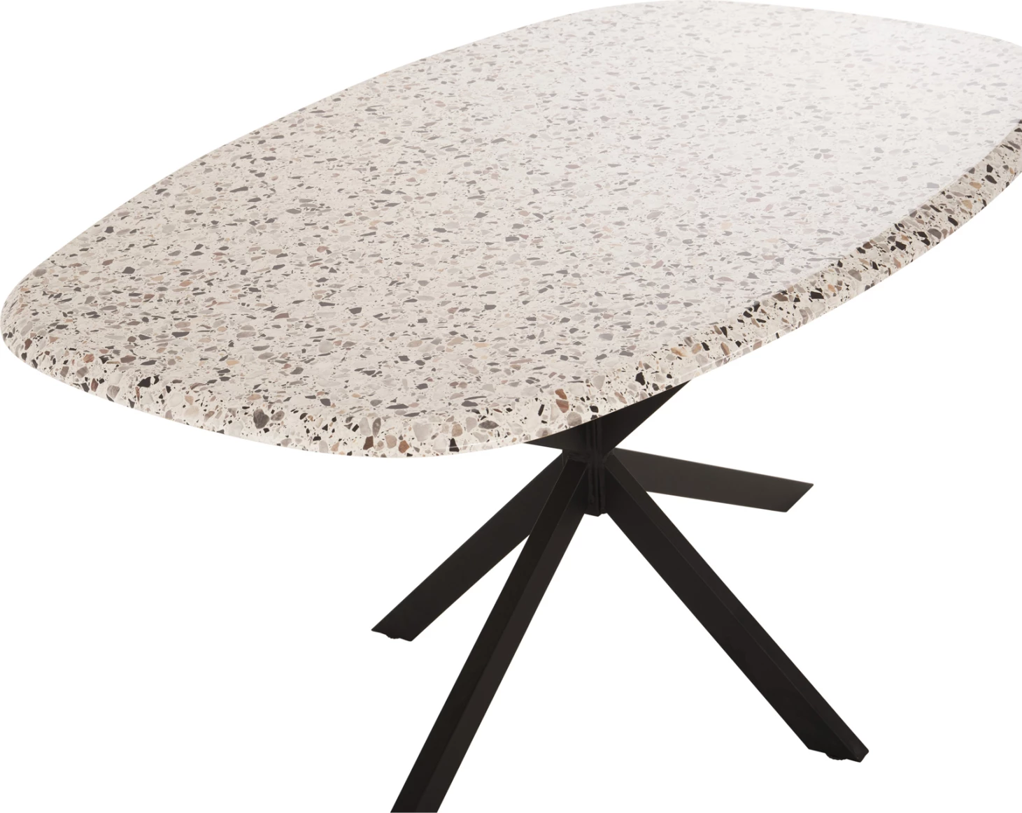 Ovalna jedilna miza RODDEN FH11903.03 Werzalit namizna plošča v barvi teraco - črna kovinska osnova 146x94x75H cm