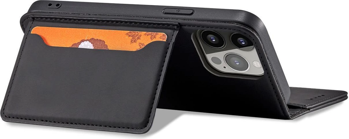 Ovitek za telefon z magnetno denarnico in nosilcem Hurtel Magnet Card Case za iPhone 13 Pro, črn