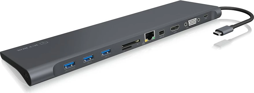 Docking postaja ICY BOX IB-DK2102-C, USB Type-C, 3x USB 3.0, HDMI, Mini DisplayPort, VGA, Gigabit LAN, 100W, antracit/črna