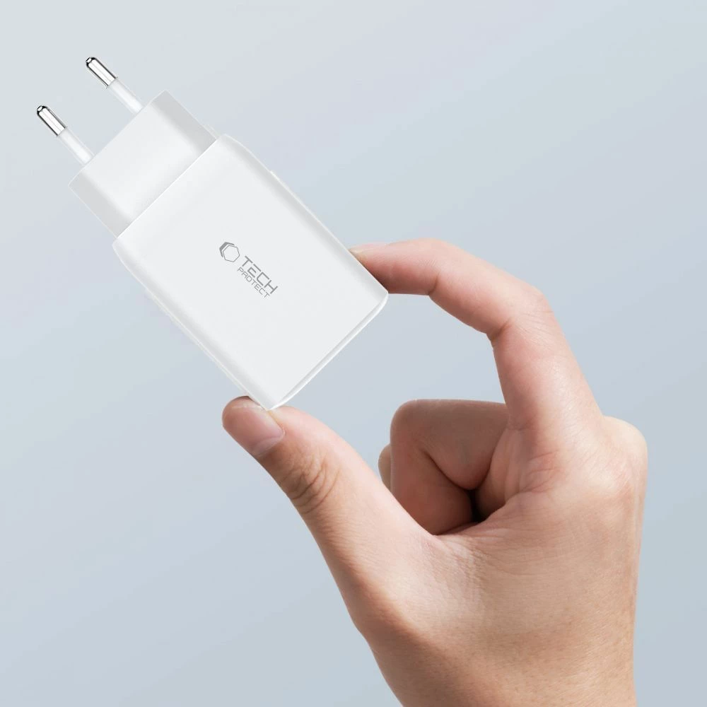 Omrežni polnilec 2x USB-C PD 65W / USB-A QC 3.0, Tech-Protect C65W, bel