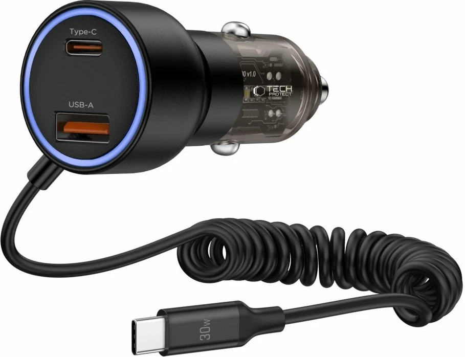 Polnilec za avto Tech-Protect CC05, 2 priključka, 60W, z USB-C kablom, črn