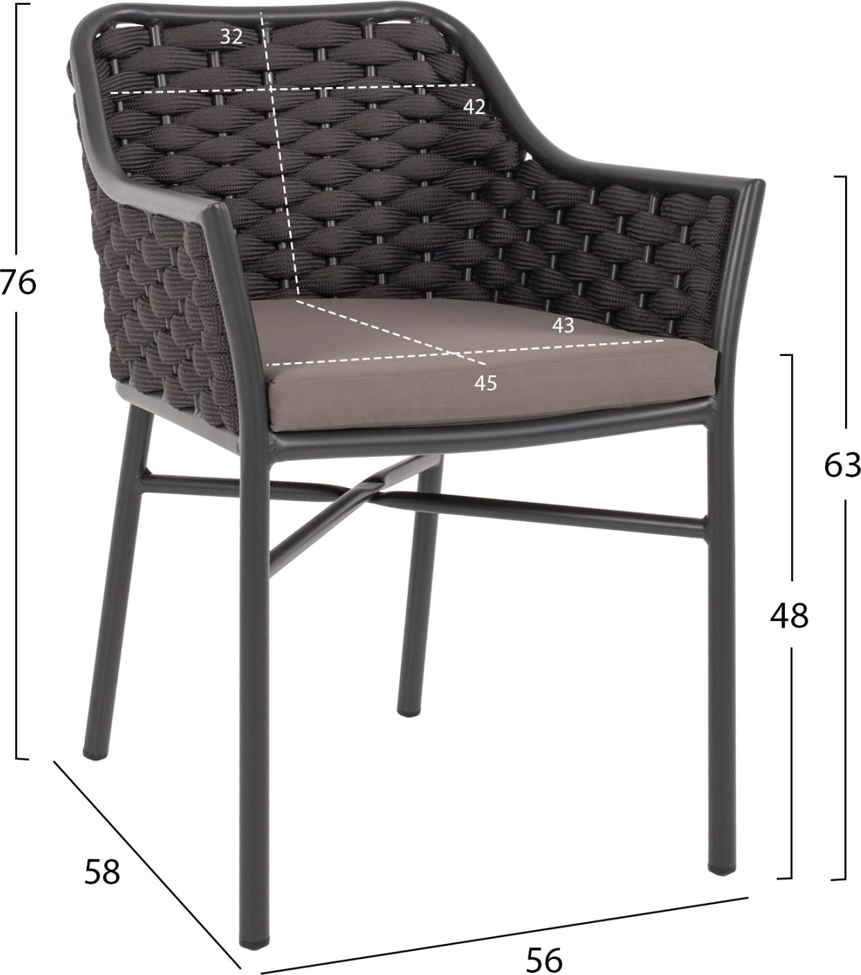 Aluminijasti naslanjač FH5858.01 z vrvjo - siva barva 56x58x76H cm