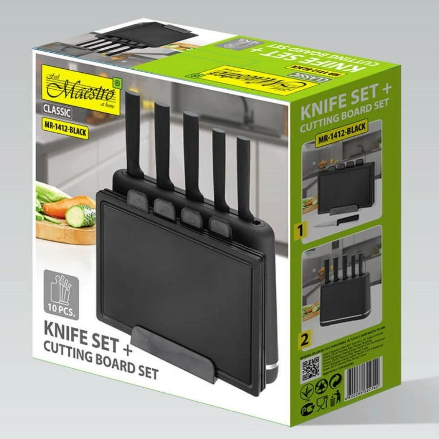 Komplet nožev z magnetnim držalom in deskami za rezanje, Feel-Maestro MR-1412-BLACK, 10-delni, magnetni blok + podstavek za deske, primeren za pomivalni stroj, črn