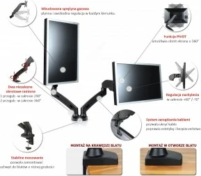 Namizni nosilec za 2 monitorja, s plinskim mehanizmom, 13–27", ART L-13GD, črn