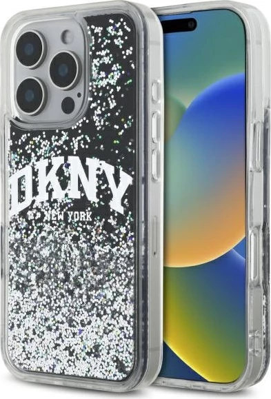 Ovitek za telefon z tekočimi bleščicami Arch Logo DKNY za iPhone 16 Pro Max 6,9", črn