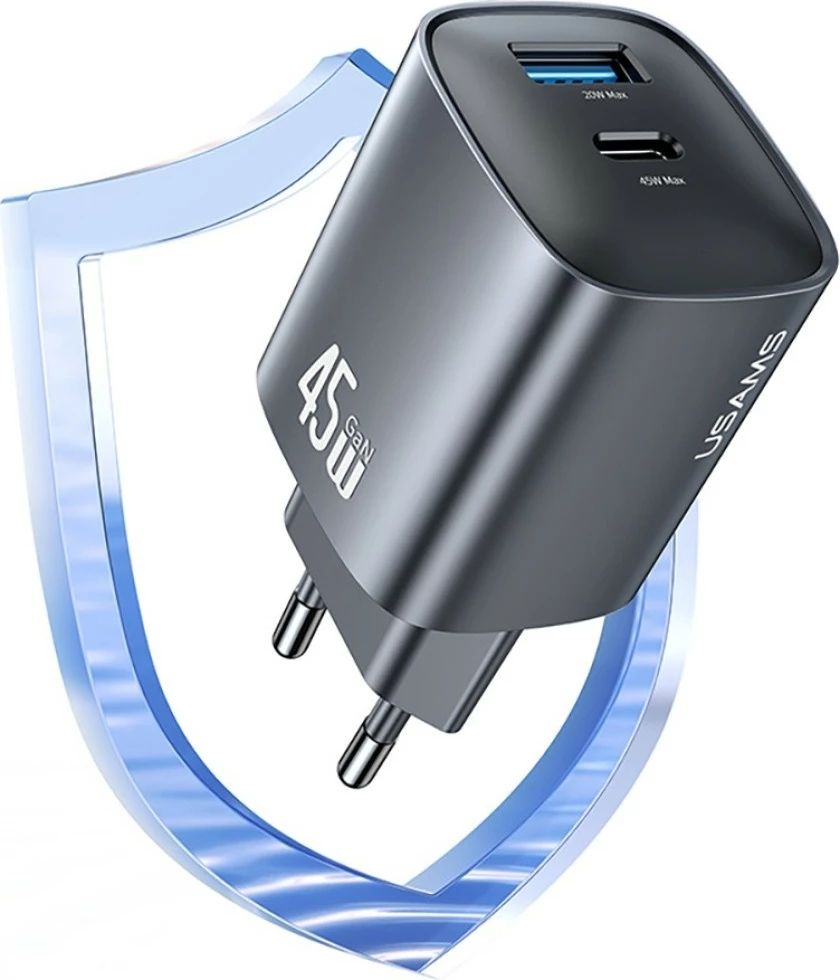 Stenski polnilec GaN 45 W, USAMS CC290 T66 (USA001666), 1x USB-C + 1x USB-A, PD/QC, črn