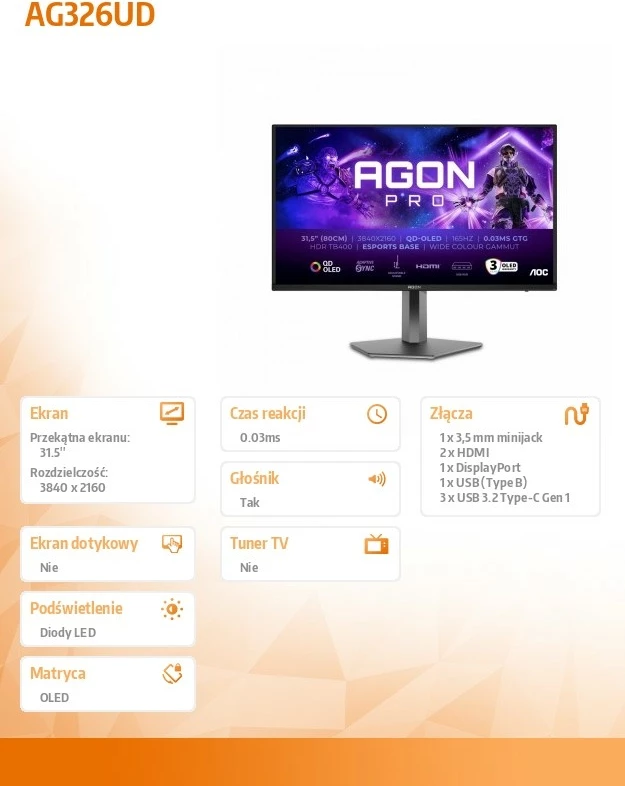 Monitor 31,5" 4K QD-OLED, 165 Hz, HDMI 2.1, črn/siv — AOC AGON PRO AG326UD