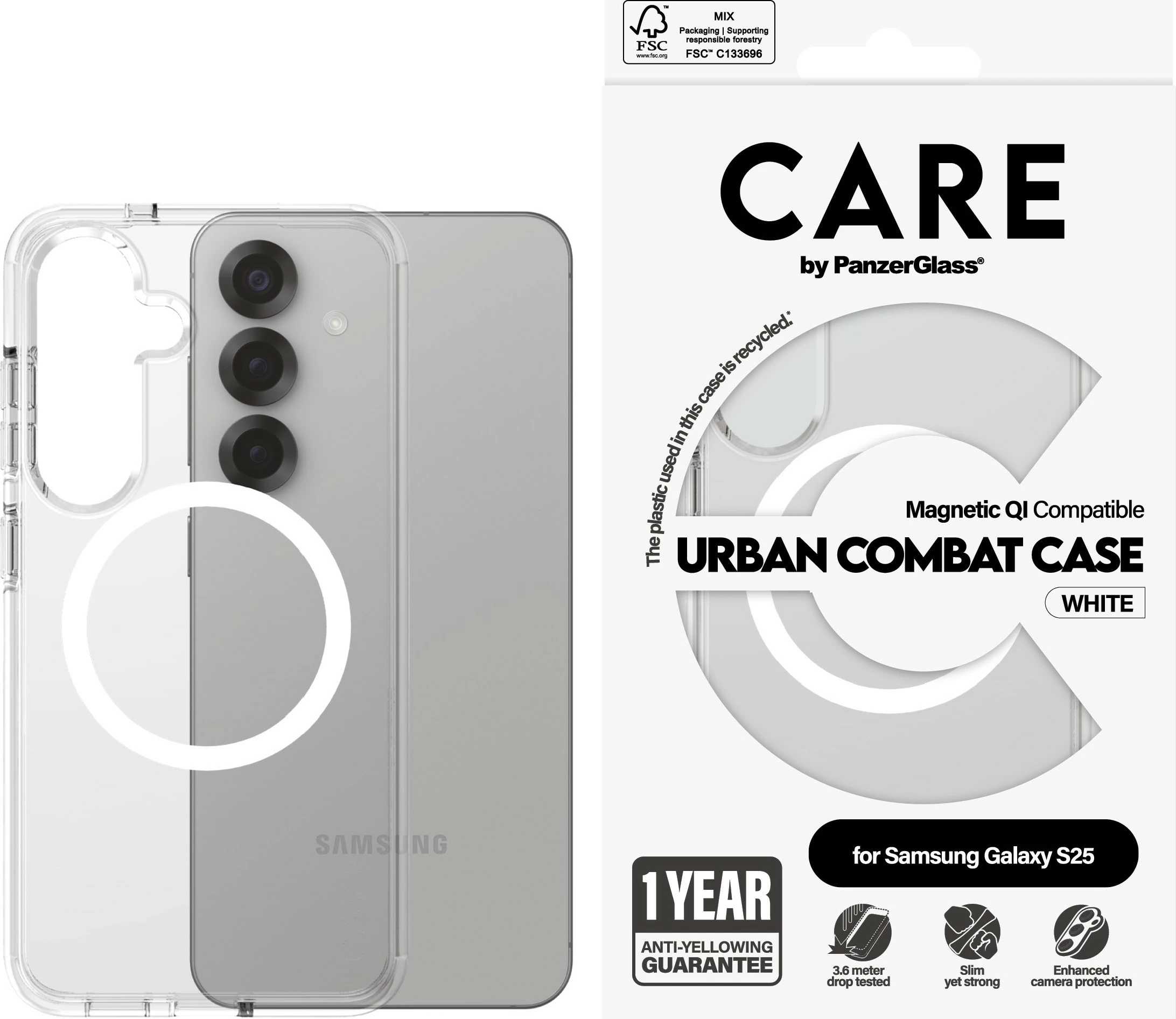 Prozoren zaščitni ovitek PanzerGlass CARE Flagship Case za Galaxy S25, združljiv z QI