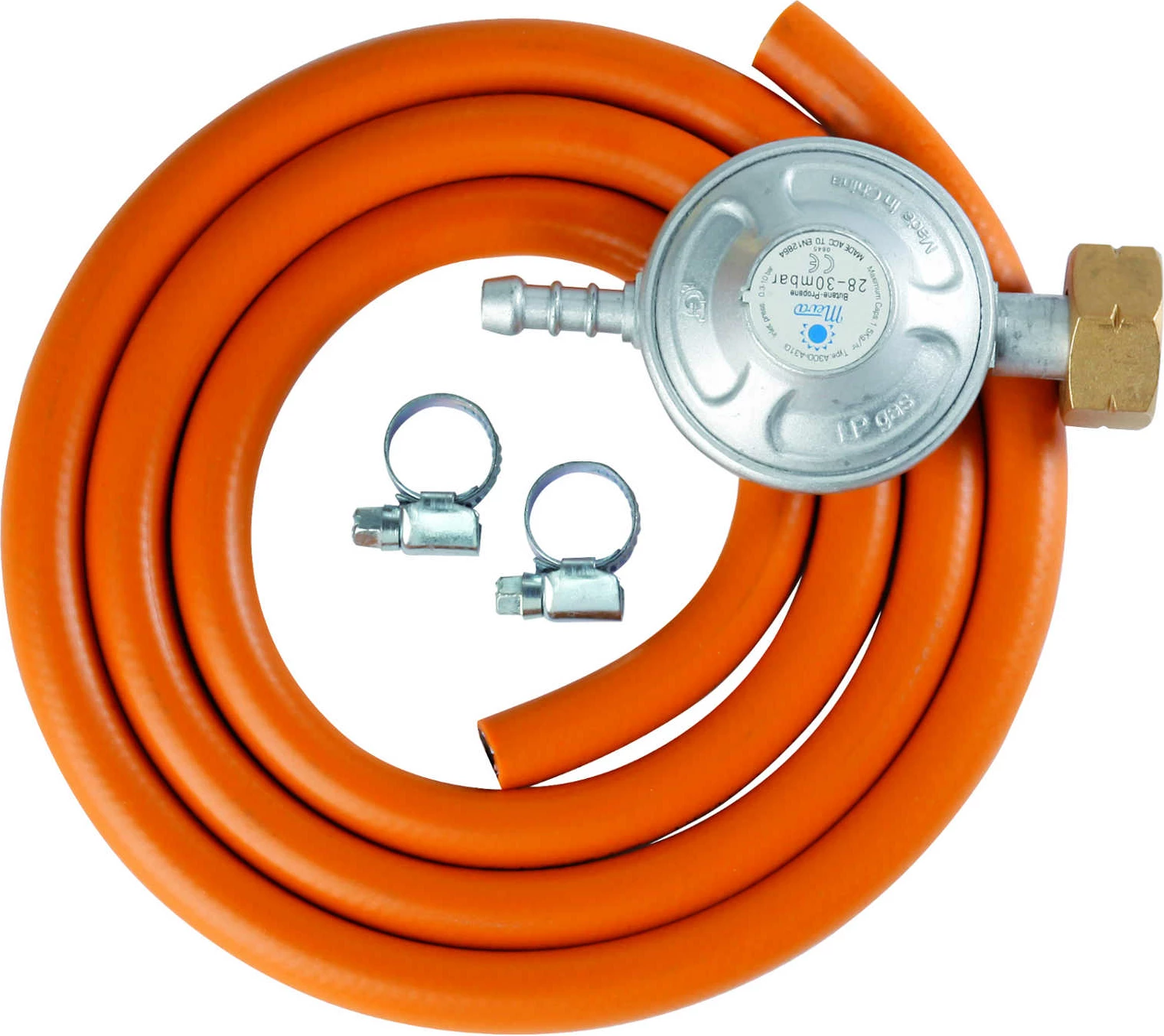 Komplet za priklop plinskih jeklenk LPG z reduktorjem 37 mbar, gumijasta cev 1,5 m, oranžna — Meva UNP01007