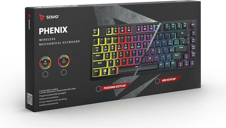 Mehanska brezžična tipkovnica Savio Phenix, Gateron Yellow Pro, 82 tipke, RGB, črna