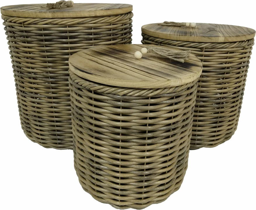 Komplet 3 shranjevalnih škatel, les in ratan, 41x41x42 cm, rjav, KEGAN