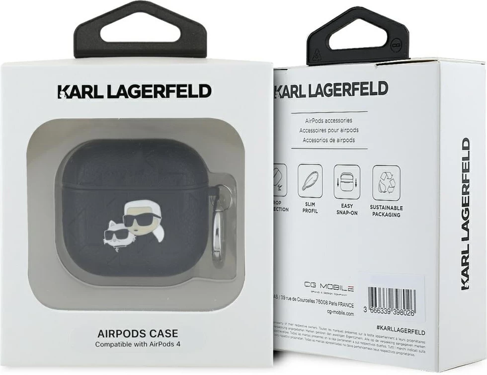 Ovitek za AirPods 4 Karl Lagerfeld Monogram Karl & Choupette Head, črn