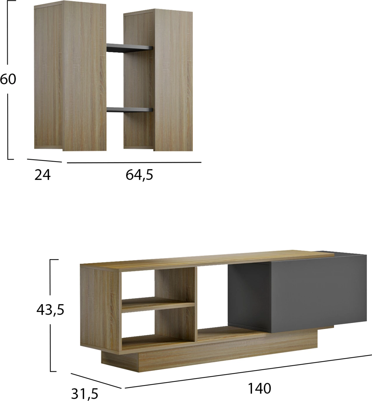 Komplet pohištva za TV TYSON FH18081 melamin v sonoma-sivi barvi 140x31.5x43.5H cm
