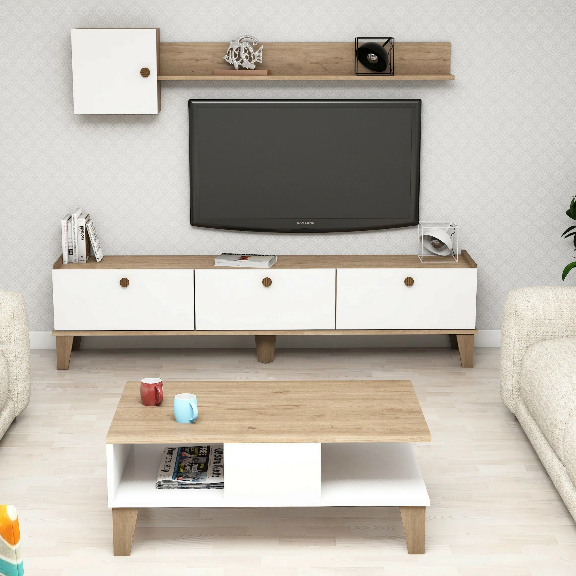 Set pohišja za dnevno sobo, barva hrasta in bela, Sumer 1, Hanah Home