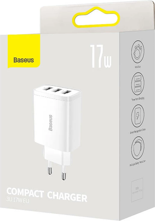 Kompakten hitri polnilec Baseus CCXJ020102, 3x USB, 17 W, bel