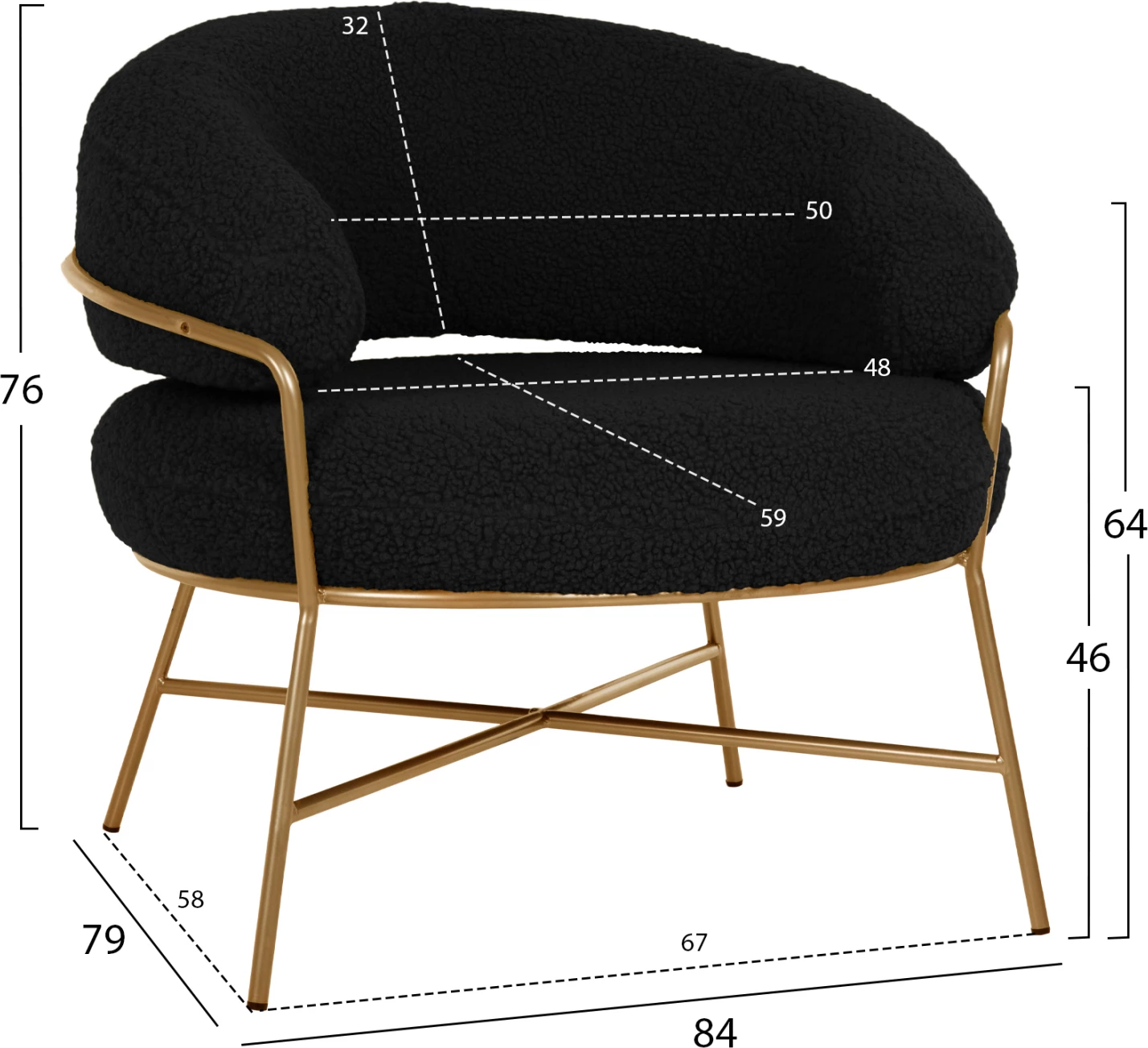 Fotelj TRUDI FH8639.24 iz črne boucle tkanine in zlatim kovinskim okvirjem 84x79x76Hcm