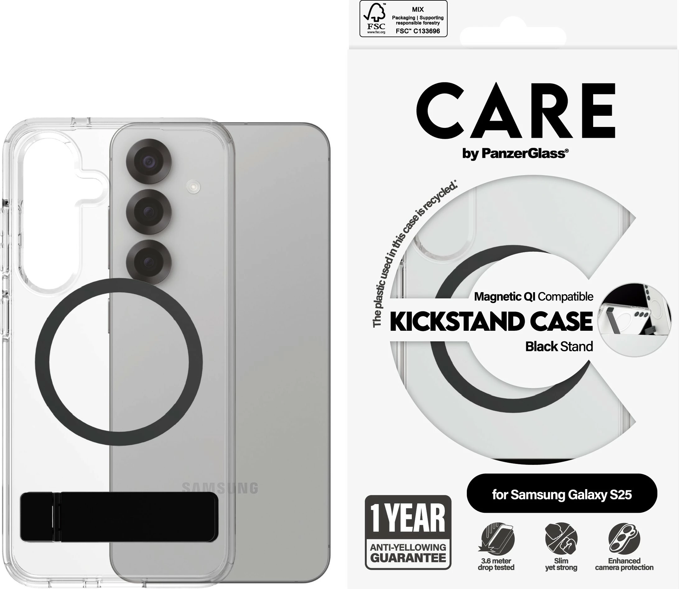 Transparenten ovitek PanzerGlass CARE s stojalom, za Samsung Galaxy S25