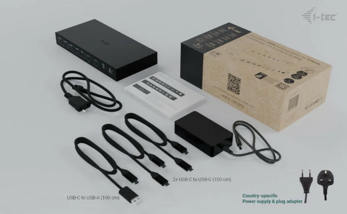 KVM docking postaja USB-C PRO, i-tec C31KVMDOCKPDPRO, 3 gostitelji, 2 video izhoda, Power Delivery do 92W, črna