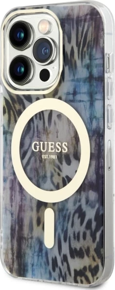 Zaščitni ovitek z leopardskim vzorcem MagSafe za iPhone 14 Pro 6,1", Guess, modra
