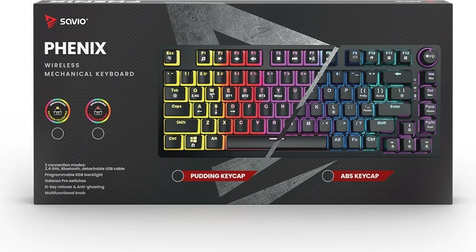 Mehanska brezžična tipkovnica Savio Phenix, Gateron Yellow Pro, 82 tipke, RGB, črna