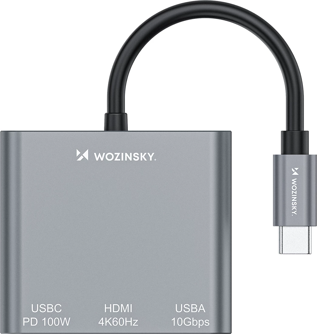 USB-C hub PD 100W, HDMI 4K@30Hz, USB-A 10Gbps — Wozinsky WHCH-01, siv