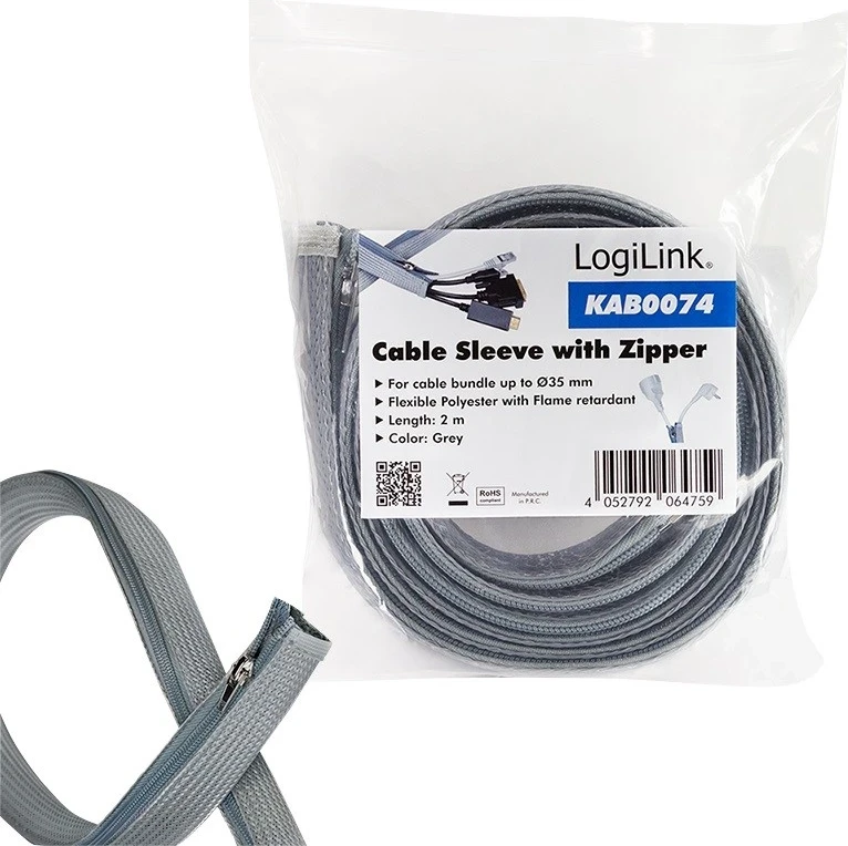 Elastični trak za organizacijo kablov LogiLink, 2,0 m x 50 mm, siv