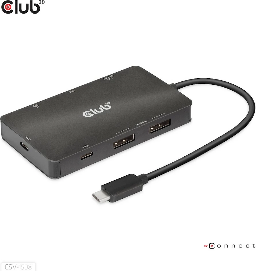 USB-C razdelilec Club3D CSV-1598, 7 vhodov, 2×DisplayPort, 2×USB-A, 2×USB-C, LAN, 4K60Hz, črn